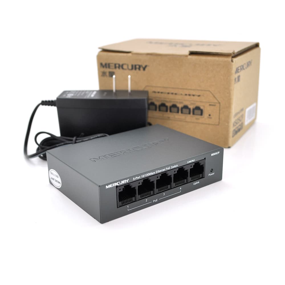 Комутатор POE Mercury MS05CP 53,5V з 4 портами POE + 1 порт UP-Link 100Мбит, БП в комплекті 0,54 кг (82 * 79 * 26)