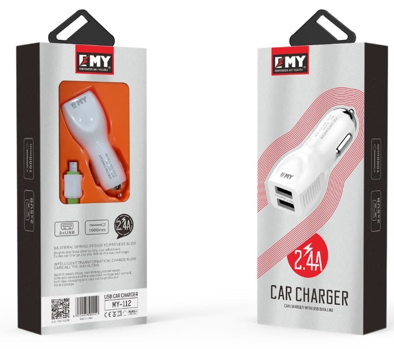 Набір 2 в 1 АЗУ With Iphone Cable DC12-24V MY-112, 2 x USB, 5V / 12W, Output: 5V / 2.4A, White, Box, Q25