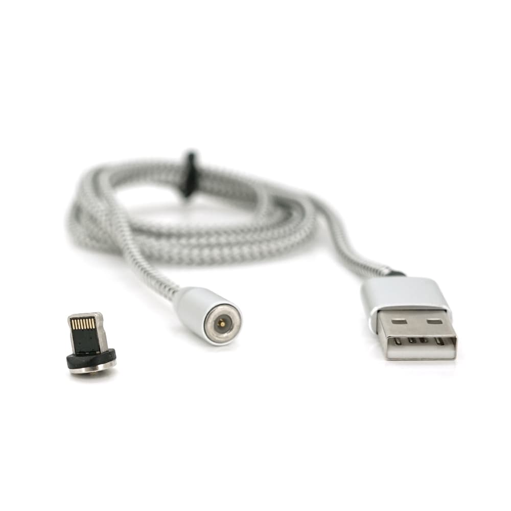 Магнітний кабель Ninja USB 2.0 / Lighting, 1m, 2А, індикатор заряду, тканинна оплетка, броньований, знімач, Silver, Blister-Box