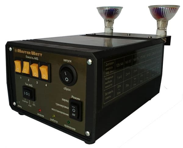 Зарядно-відновлювальний пристрій (ЗВП) для акумуляторів 12V (MF, WET, AGM, GEL), з набором навантажувальних ламп, Струм заряду до 25А, 160-255V