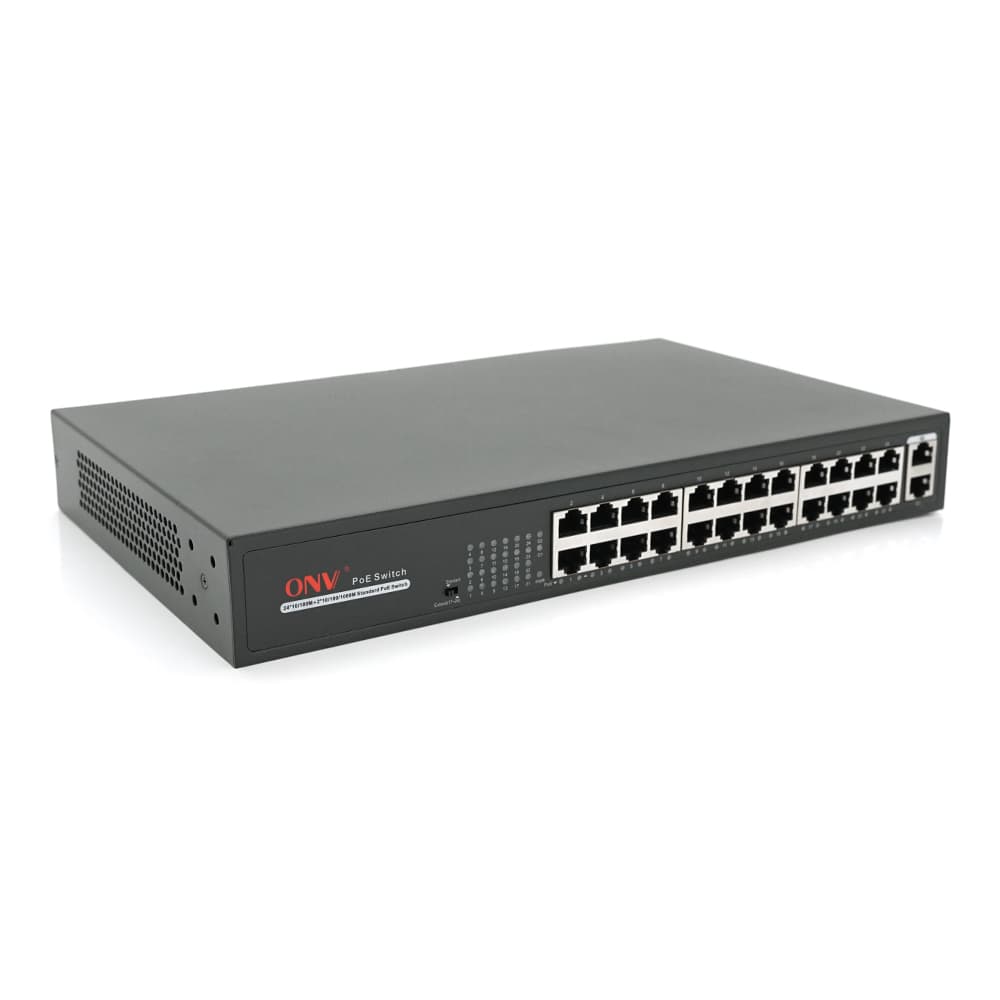 24х портовий PoE комутатор ONV-H1024PLS 24 порти РоЕ 100 Мбіт + 2 Uplink 1000 Мбіт, до 250м, IEEE802.3af/at, загальна потужність 250Вт