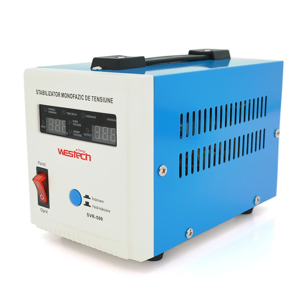 Стабілізатор напруги релейний Westech SVR-500VA/375W однофазний, напольного монтажу, LED дисплей, діапазон 150-270V, AC230±8%, 2*Shuko, Q8