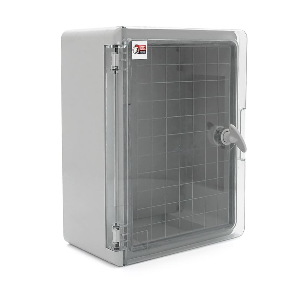 Бокс міцний з ABS пластику з монтажною панеллю 330х250х140, з прозорими дверцятами, IP65