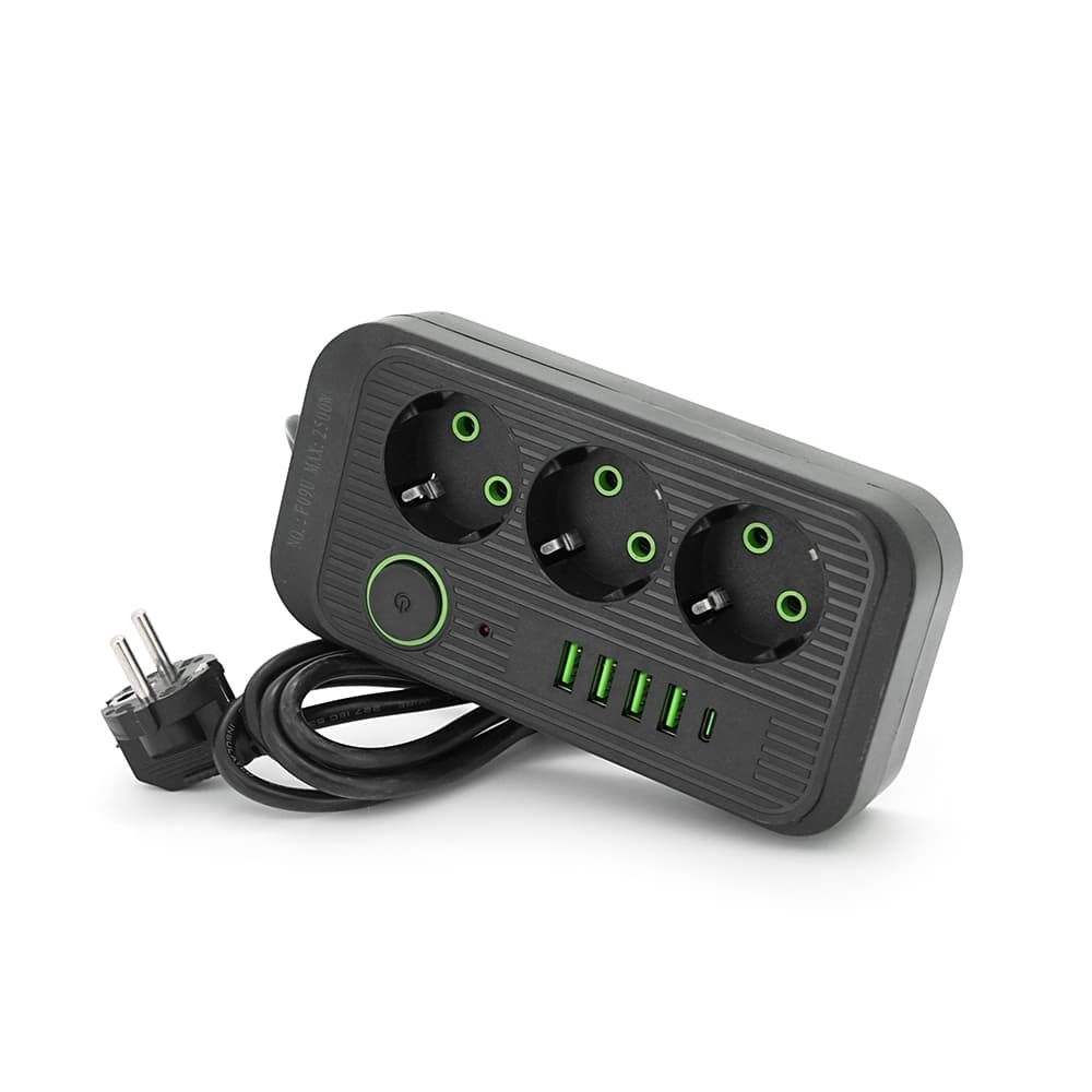 Фільтр Meilepai F09U, 3 розетки EU + 4 USB + 1PD, кнопка включення з індикатором, 2 м, 3х0,75мм, 2500W, Black, Box