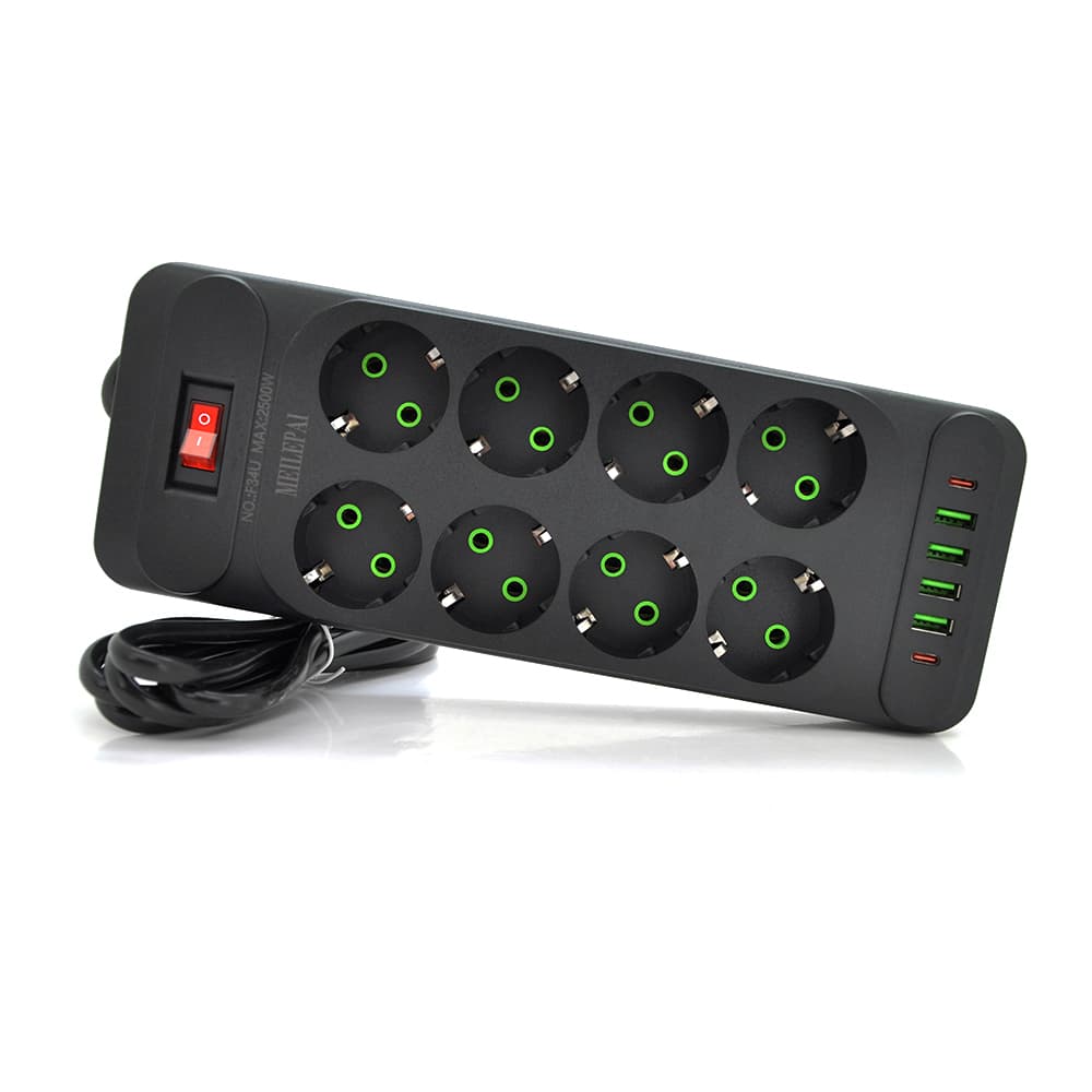 Мережевий фільтр Meilepai F34U, 8 розеток EU + 4 USB + 2 PD, кнопка включення з індикатором, 2 м, 3х0,75 мм, 2500W, Black, Box