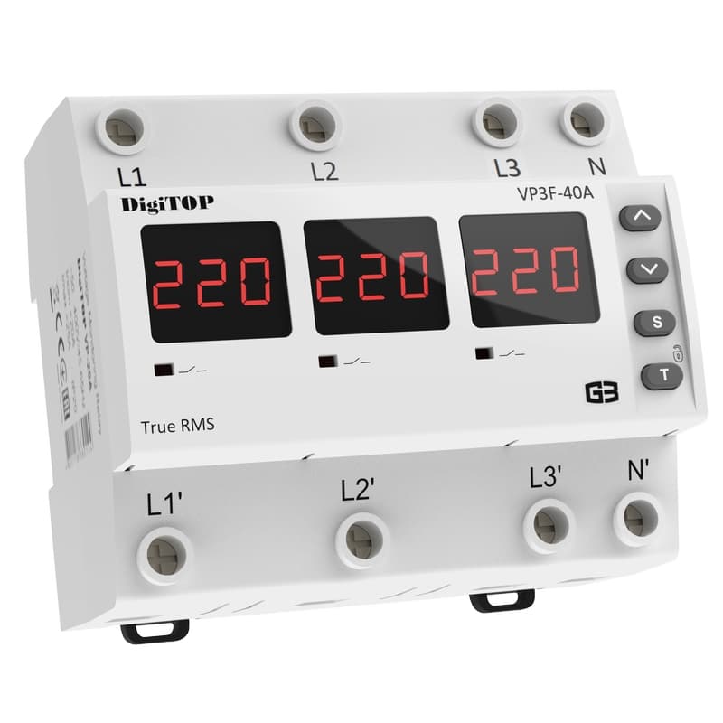 Реле напруги дворежимне одно/трифазне VP-3F40А M6R на DIN-рейку, 3*40А, 3*8500Вт, 120-270В, шестимодульне з індикатором напруги (Червоний)