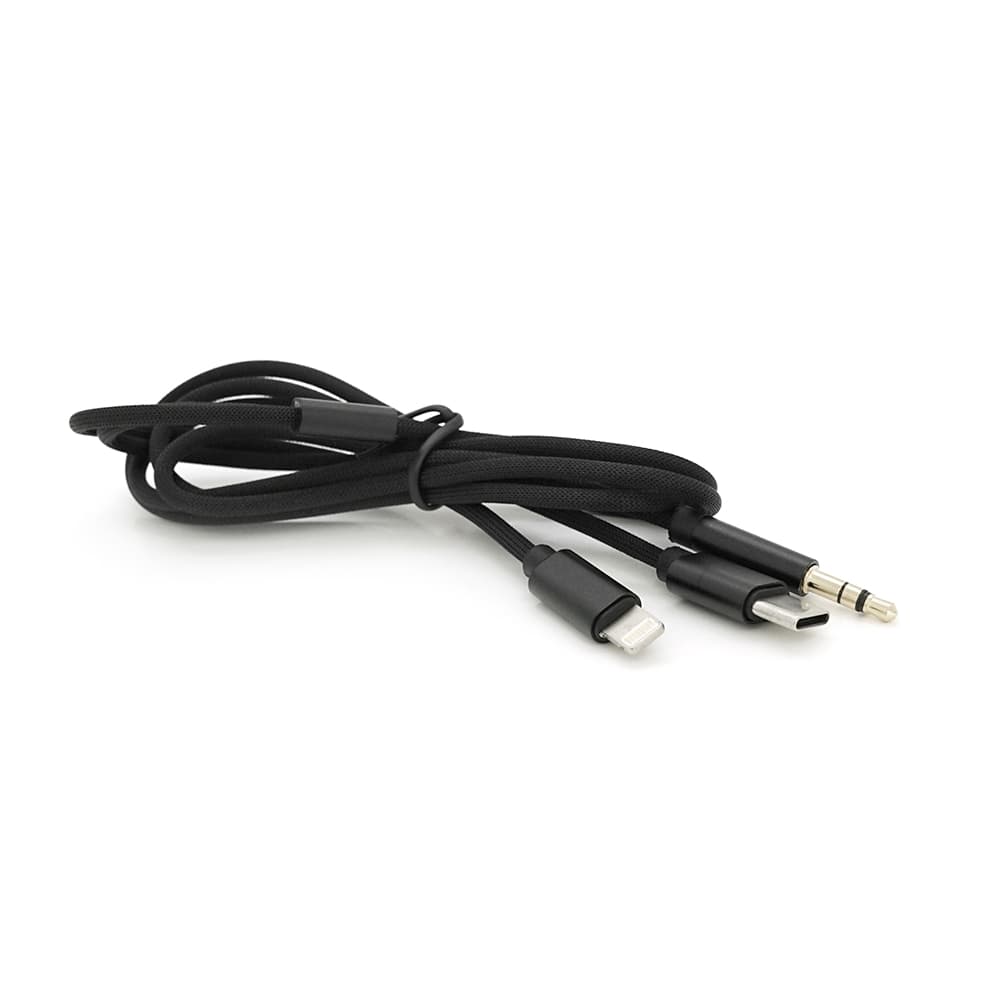 Перехідник KIN KY-233 Jack 3.5mm(M)=>Type-C(M) +Lighting(M), 110см, Black, Box