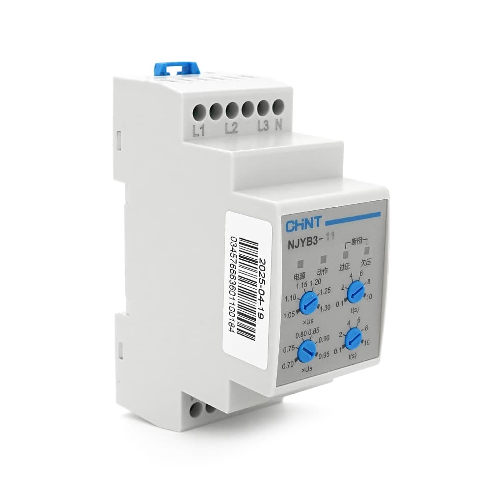 Реле контролю фаз CHINT NJYB3-11 AC220V, 1-2F4P, Захист U+(1,05~1,3)*Us/U-(0,7~0,95)*Us,Затримка 0,1~10с,Захист обриву фаз, Ue240/415V,Ie0.75/0.47, 1CO+1NO