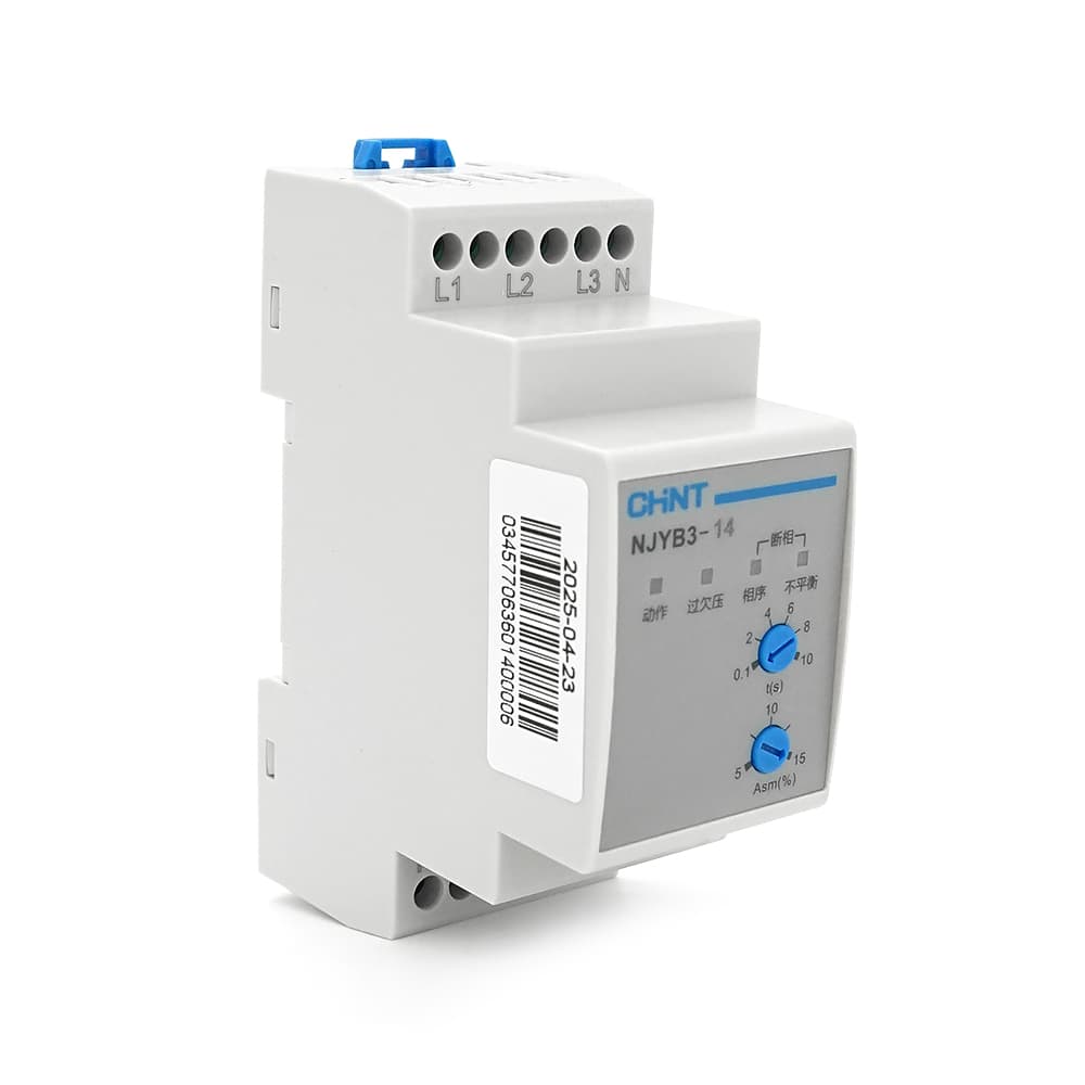 Реле контролю фаз CHINT NJYB3-14 AC220V, 3F4P, Захист U+ (120%) *Us/U- (80%) *Us, Затримка 2с,Захист обриву/послідовності фаз,баланс5-15%,1CO+1NO