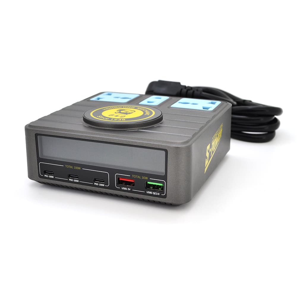 Зарядні станція з цифровою індикацією MECHANIC S-Power, 3*PD3.1-100W, QC3.0-15W, USB-A. Wireless Charging, 3*Socket, 220V/135W. 125*131*54mm
