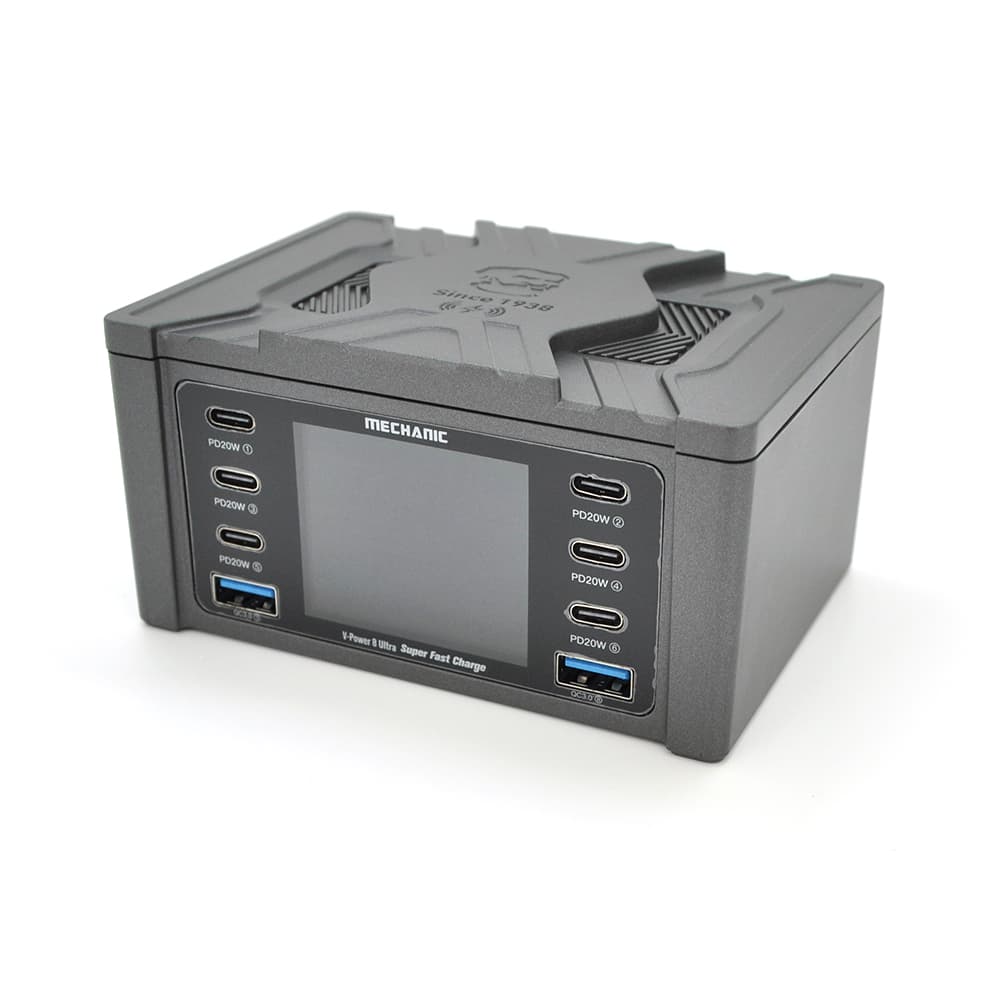 Зарядна станція з цифровою індикацією MECHANIC V-Power 8 Ultra, 2*QC3.0-5В3А,9В2A, 6*PD3.1-(5В/9В/12В/15В)3А,20В2,25A, 220В/160Вт. 114*60*84мм
