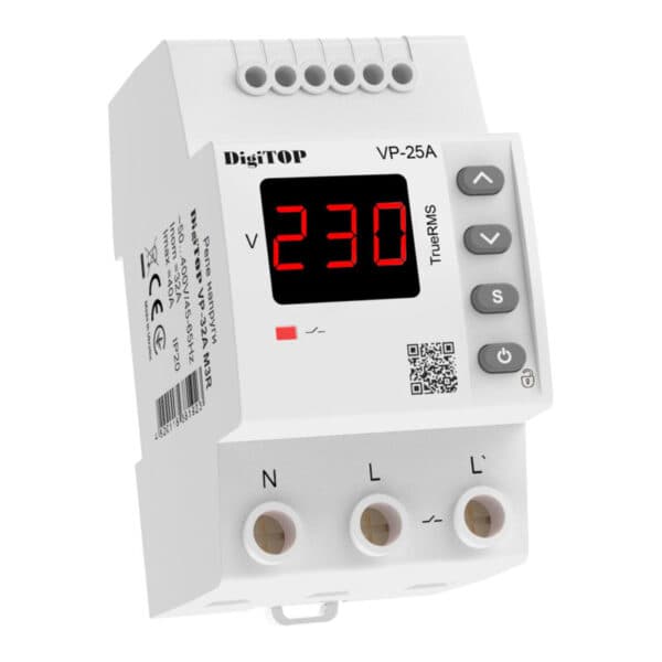 Захисне реле напруги однофазне VP-25AM3R на DIN-рейку, 25А, 5500Вт, 120-270В, тримодульне з індикатором напруги (червоний)