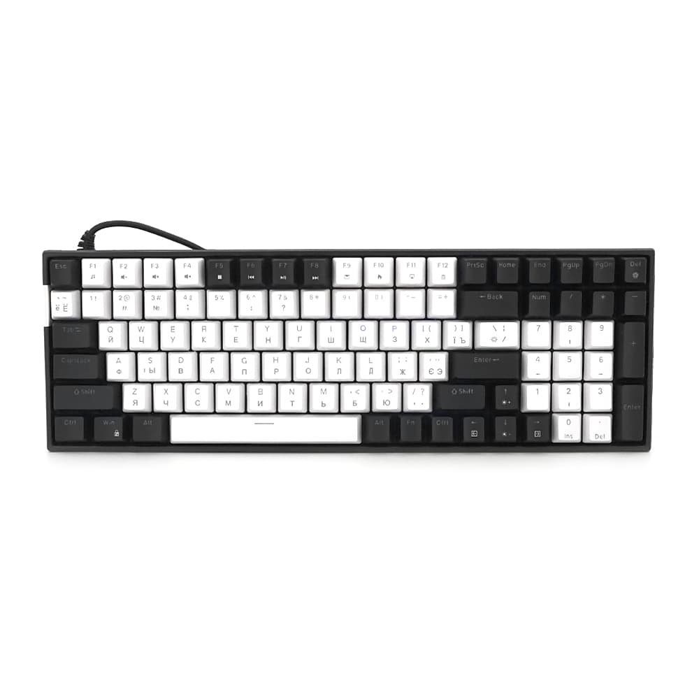 Механічна клавіатура USB XSTRIKE XS-1030, довжина кабелю 150см, RGB підсвічування, Eng/Укр/Рус, 395х150х45 мм, Black/White, 100к, Q20
