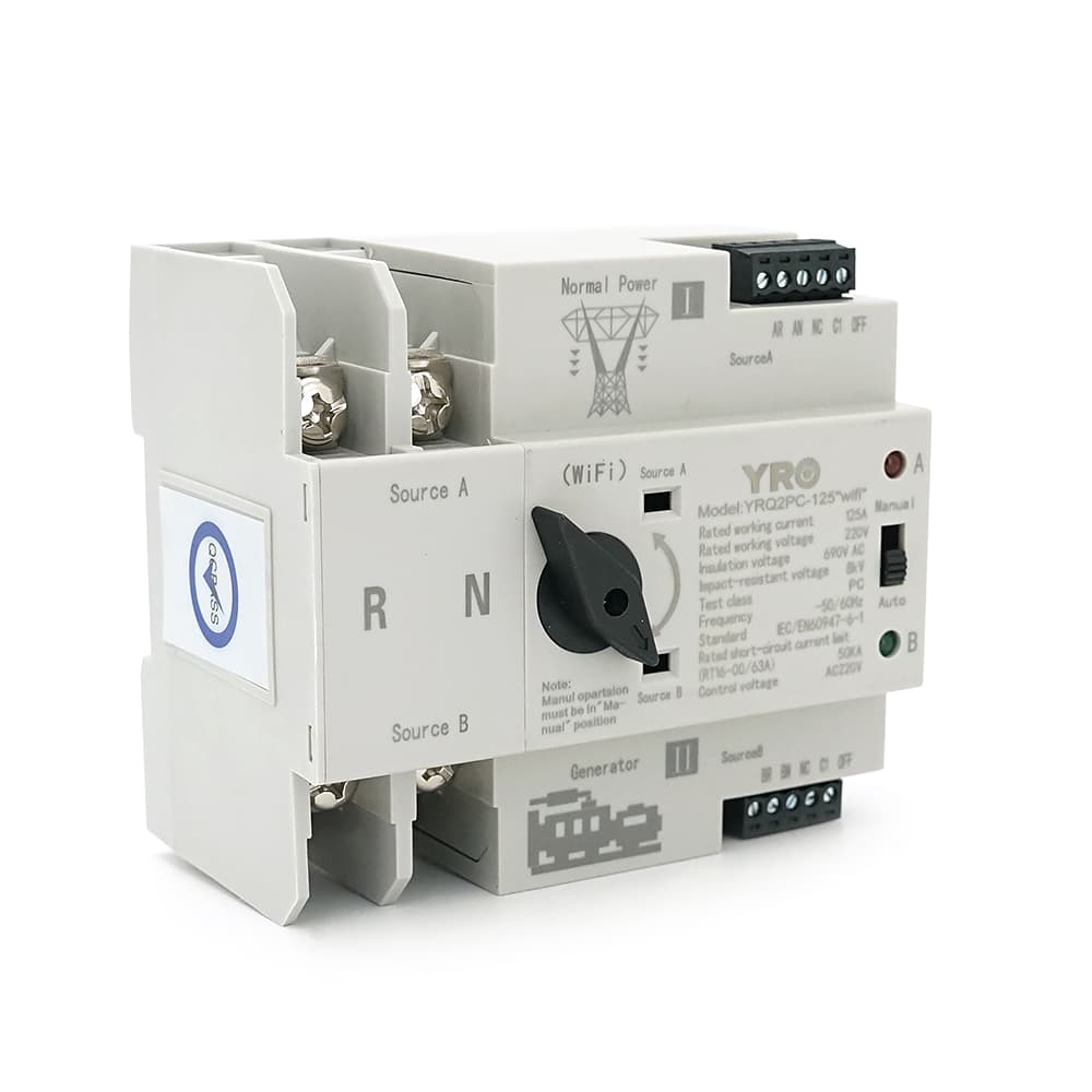 Автомат введення резерву (АВР) двополюсний YRQ2PC-125 Wifi ATS, 2P 125A 220V, E-Welink App на DIN-рейку для генераторів