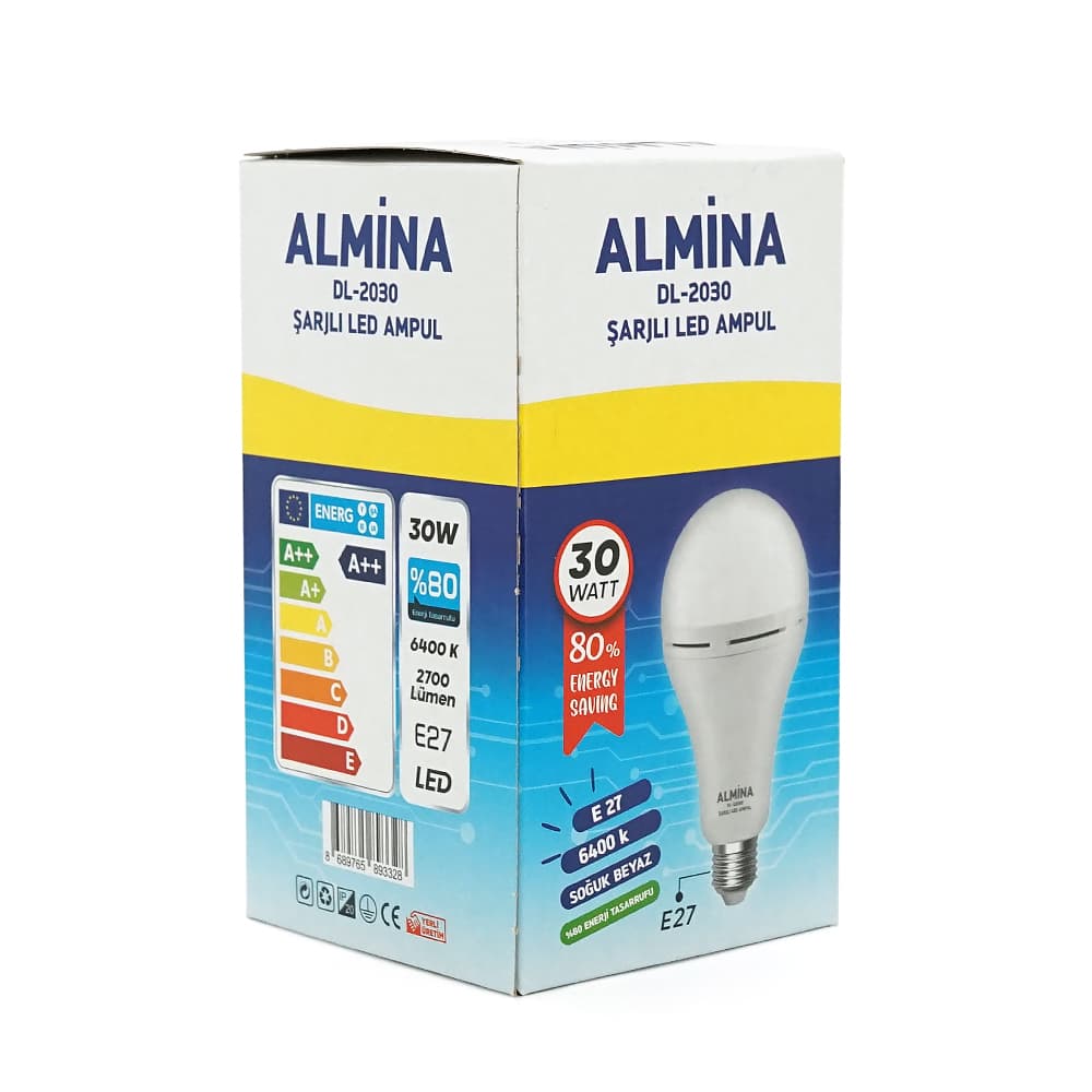 Лампочка з акумуляторами ALMINA DL-2030, 220-240V, до 2 годин роботи, 4 години зарядки, 30W(300W), E27, 2700Лм, 6400K, Box