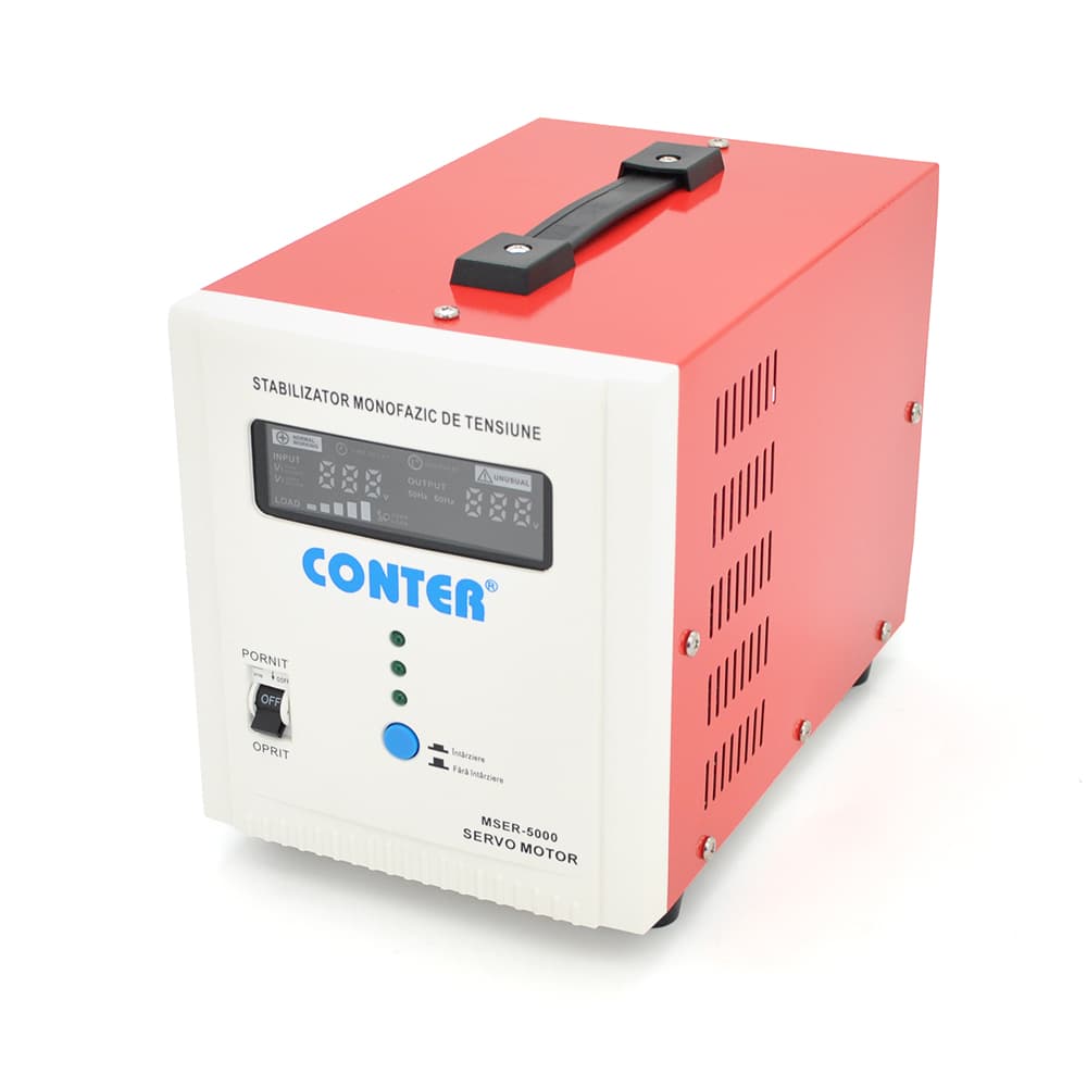 Стабілізатор напруги Conter MSER 5000 VA-V2/3750W однофазний, сервопривід, монтажу підлоги, LED дисплей, діапазон 130-260V, AC230±3%, 2*Shuko, 161x255x178mm, 9.9kg, Q2