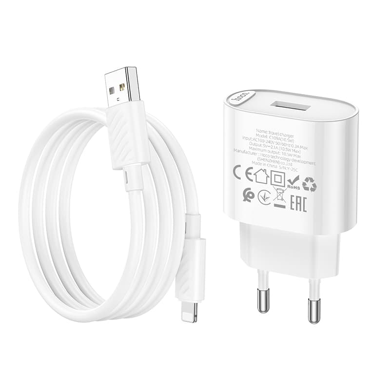 Набір СЗУ 110-240V HOCO C109A 1xUSB+ кабель Lighting, 2.1A, кабель 1м, White, Bliste