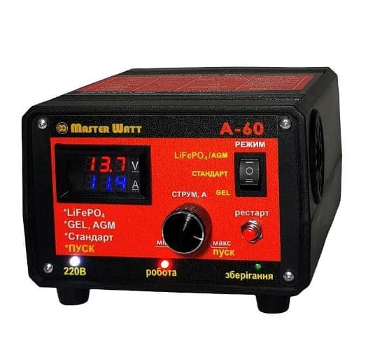 Пуско-зарядне ЗУ для LiFePO4 акумуляторів PZU А-60 12V (20-800Ah) (MF, AGM, GEL, CA/CA, LiFePO4) 60А, 160-245V
