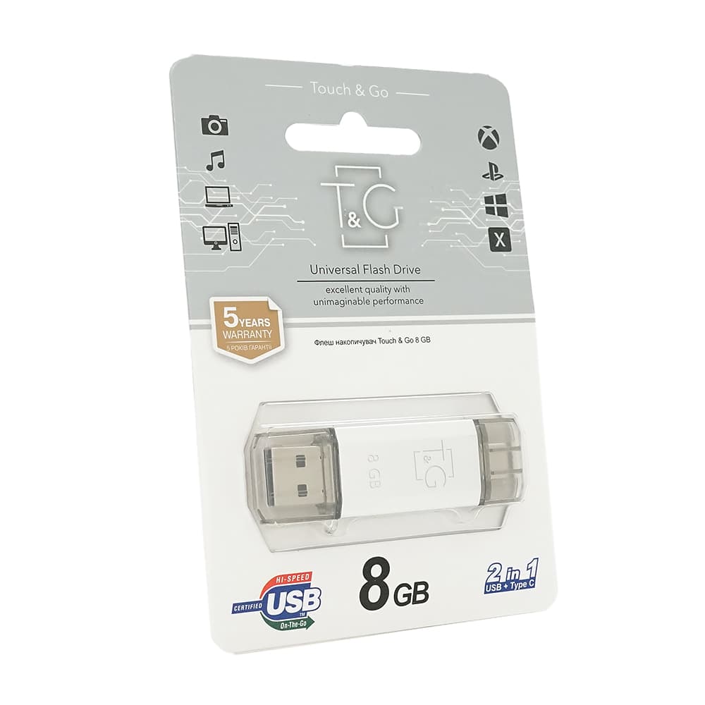 Флеш-накопичувач T&G Star S, USB 2.0+Type-C, 8GB, Metal, Blister