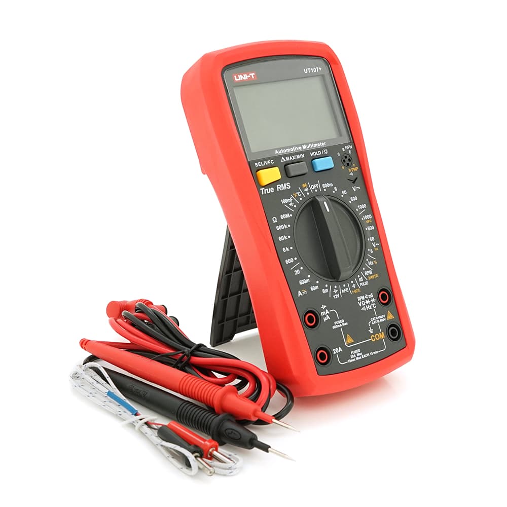 Мультиметр UNI-T UT107+: автомобільний True RMS. 1000V/10A, VFC, вимірювання V,A,Ω,C,Гц,температури, обороти двигуна. 183x88x56 мм. 348 г.