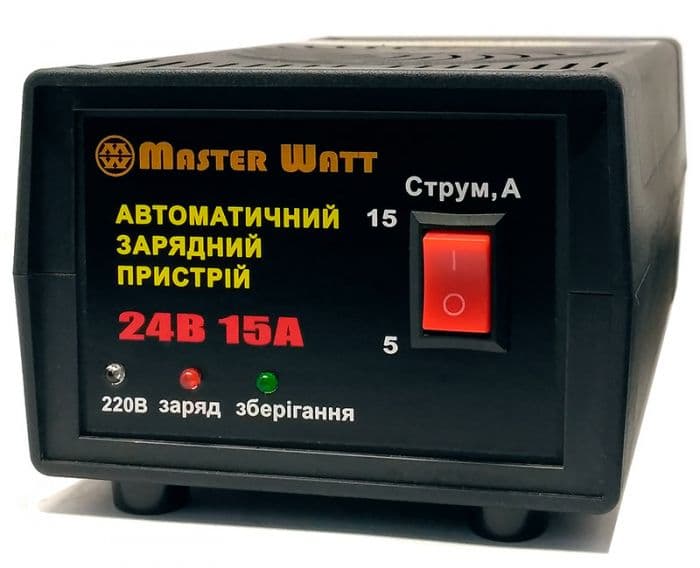 Автоматичне ЗУ для акумулятора MW-AZU24-15A 24V (25-260Ah) (MF, WET, AGM), 160-245V, Струм заряду 5А/15А, крокодили в комплекті