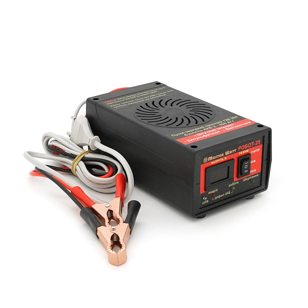 Інтелектуальне ЗУ РОБОТ-25 пуско-зарядне для акумулятора 12V(2-400Ah) (MF, WET, AGM, GEL, CA/CA), 160-245V, Ток заряду 25А, крокодили в комплекті