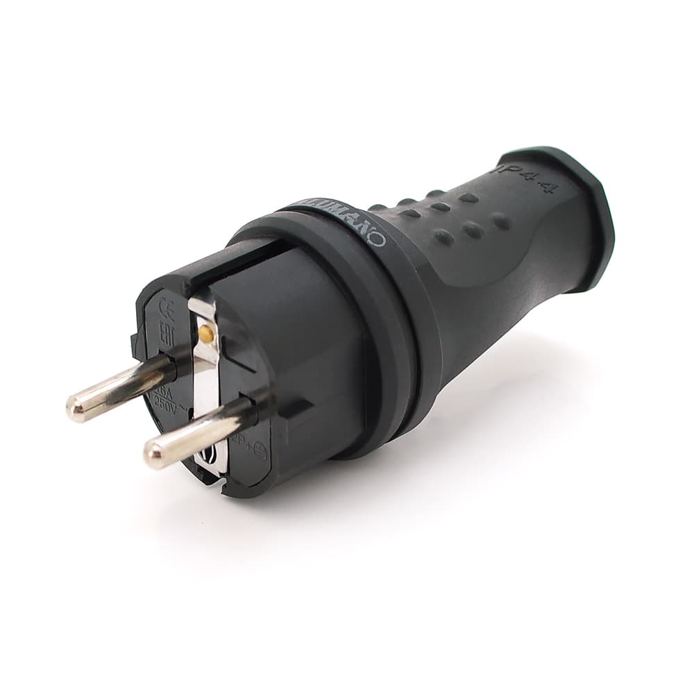 Вилка Євро із заземленням пряма, розбірна, каучук, Premium,IP44, 16А 220V, колір чорний, Q30