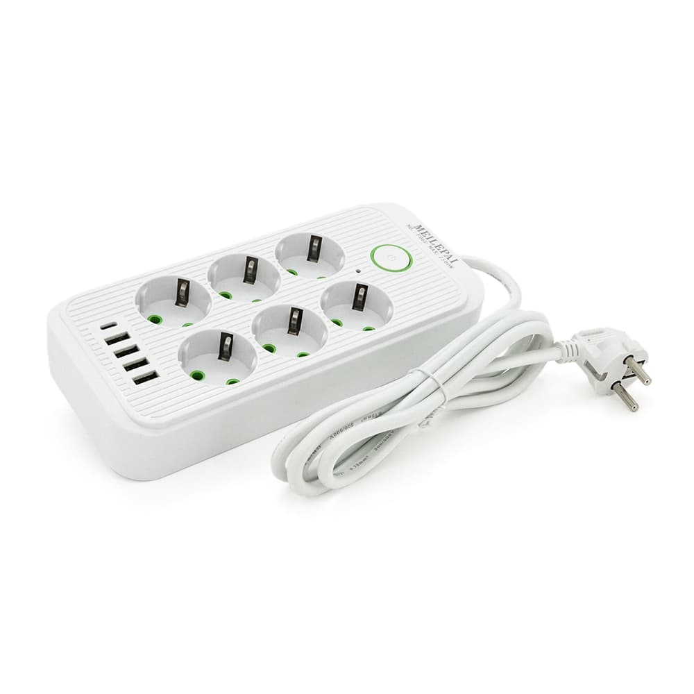Сетевой фильтр Meilepai F06U, 6 розеток EU + 4 USB + 1PD, кнопка включения с индикатором, 2 м, 3х0,75мм, 2500W, White, Box