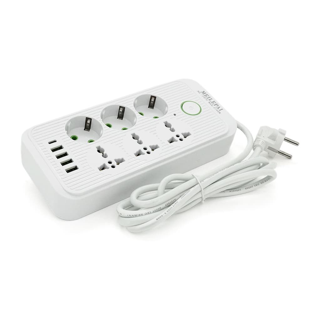 Фільтр Meilepai F07U, 6 розеток (3 EU+3 Universal) + 4 USB + 1PD, кнопка включення з індикатором, 2 м, 3х0,75мм, 2500W, White, Box