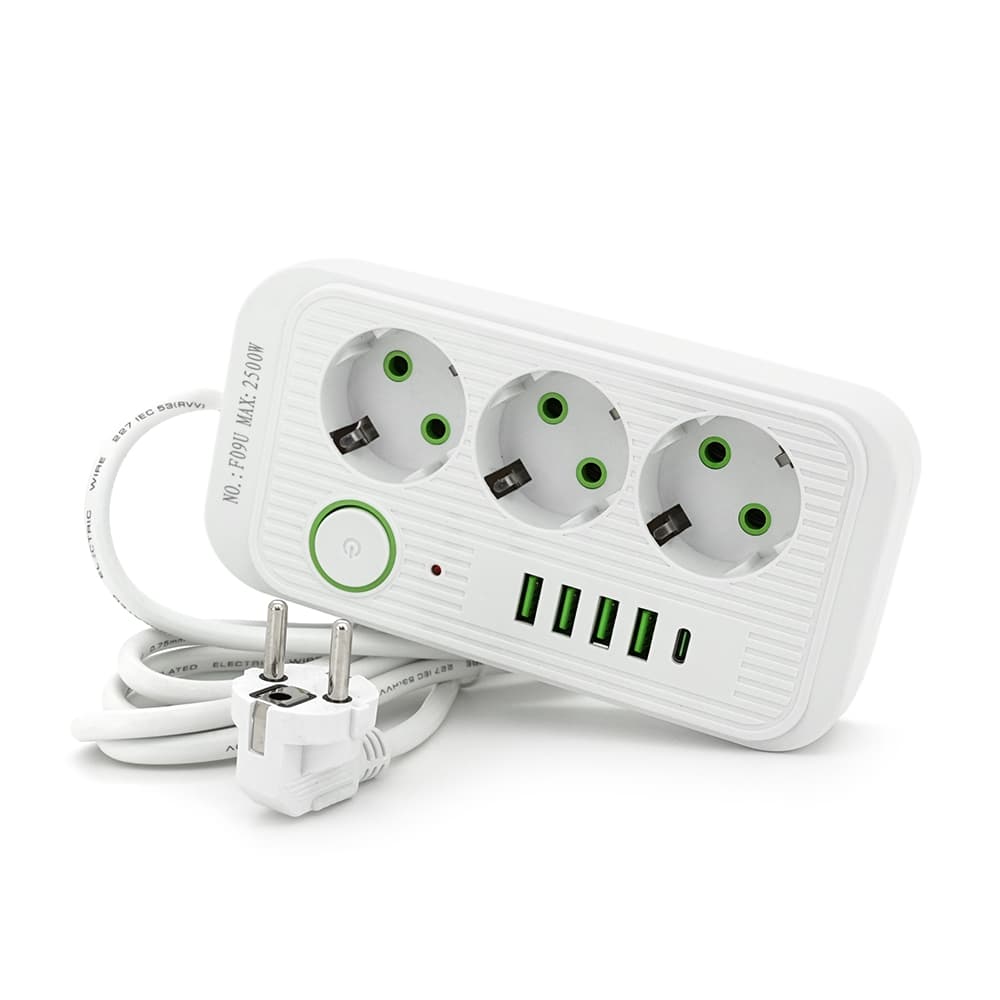 Фільтр мережі Meilepai F09U, 3 розетки EU + 4 USB + 1PD, кнопка включення з індикатором, 2 м, 3х0,75мм, 2500W, White, Box