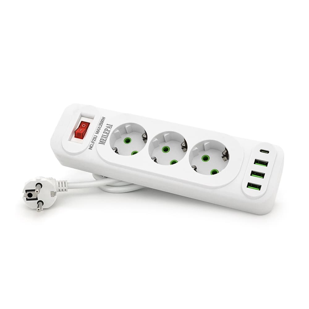 Мережевий фільтр Meilepai F23U, 3 розетки EU+3 USB+PD, кнопка включення з індикатором, 2 м, 3х0,75мм, 2500W, White, Box