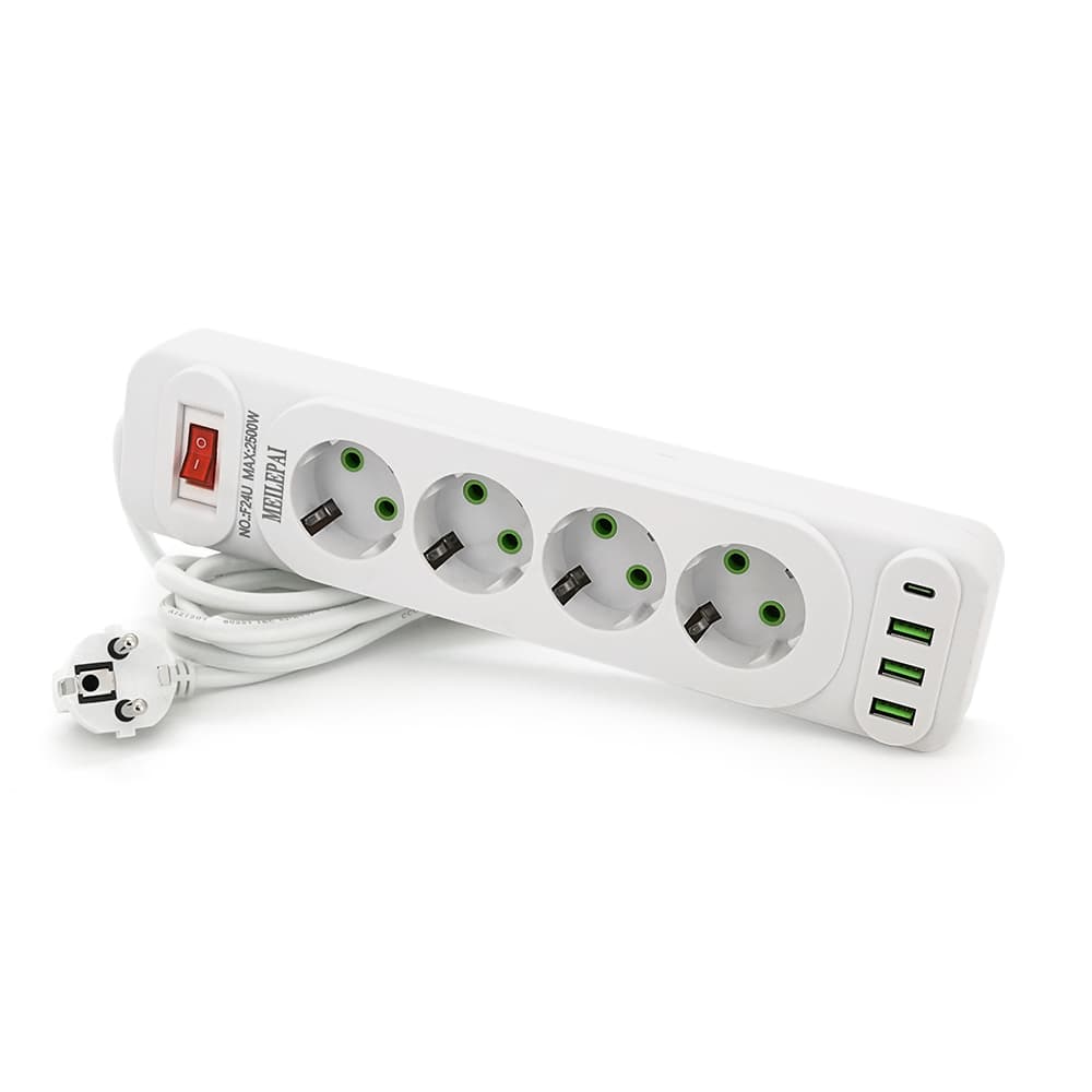Мережевий фільтр Meilepai F24U, 4 розетки EU+3 USB+PD, кнопка включення з індикатором, 2 м, 3х0,75мм, 2500W, White, Box