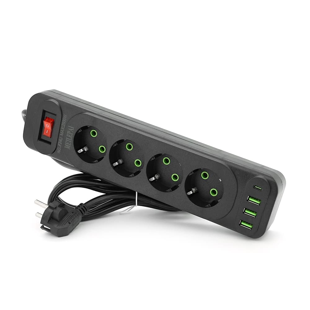 Мережевий фільтр Meilepai F24U, 4 розетки EU+3 USB+PD, кнопка включення з індикатором, 2 м, 3х0,75мм, 2500W, Black, Box