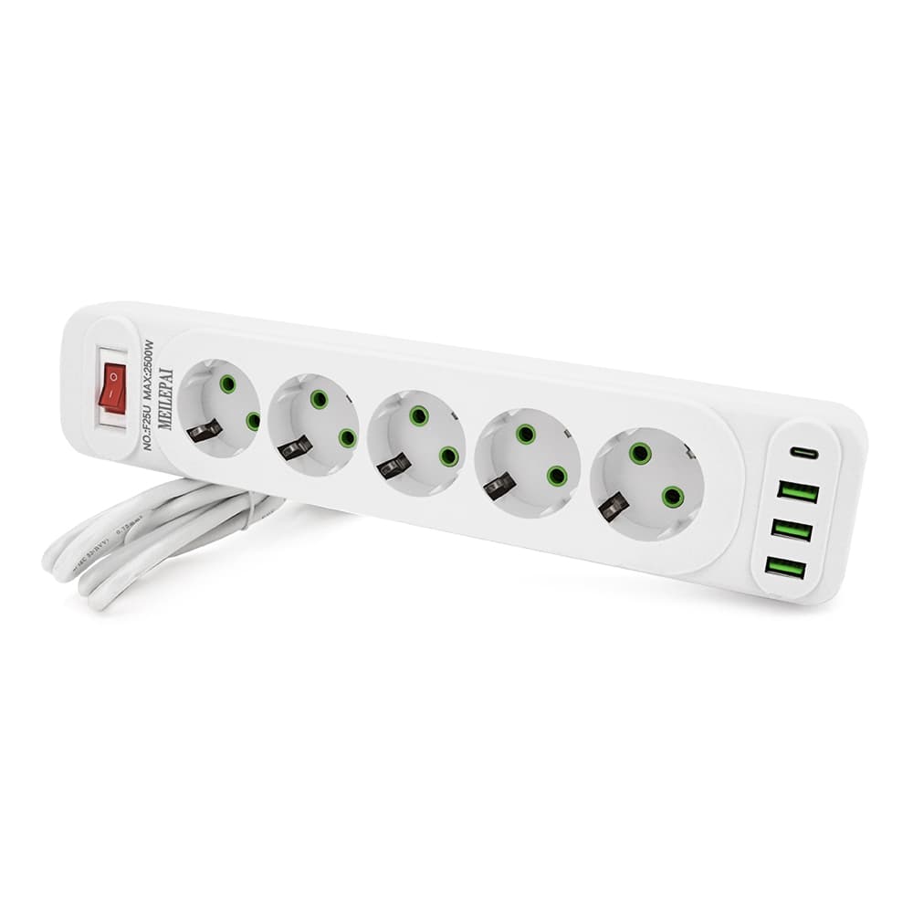 Мережевий фільтр Meilepai F25U, 5 розеток EU+3 USB+PD, кнопка включення з індикатором, 2 м, 3х0,75мм, 2500W, White, Box