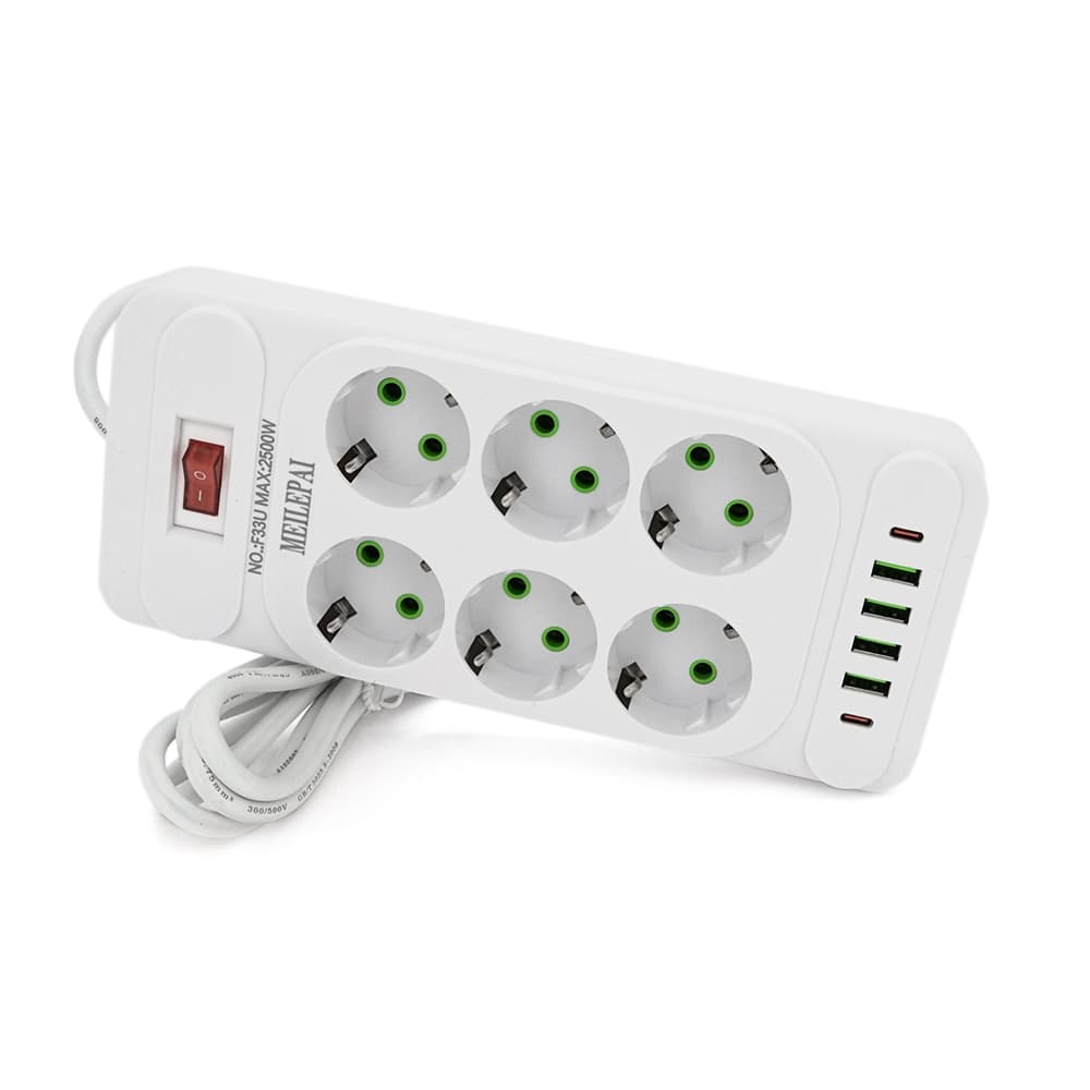 Мережевий фільтр Meilepai F33U, 6 розеток EU + 4 USB + 2 PD, кнопка включення з індикатором, 2 м, 3х0,75 мм, 2500W, White, Box