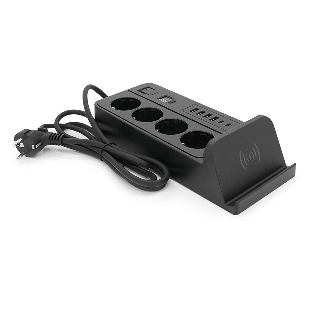 Мережевий фільтр із захистом від перенапруги G12H, 4 Socket + 4 USB 3,2А + 2 Type-C + бездротова зарядка + таймер, 2м, Black, Box