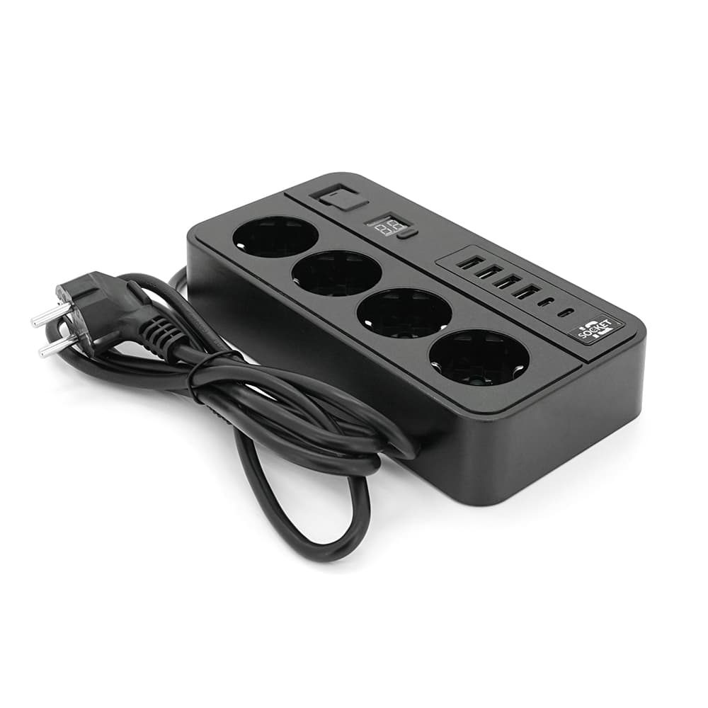 Мережевий фільтр із захистом від перенапруги G13H, 3000W, 4 Socket + 4 USB 3,2А + 2 Type-C + таймер, 2м, Black, Box