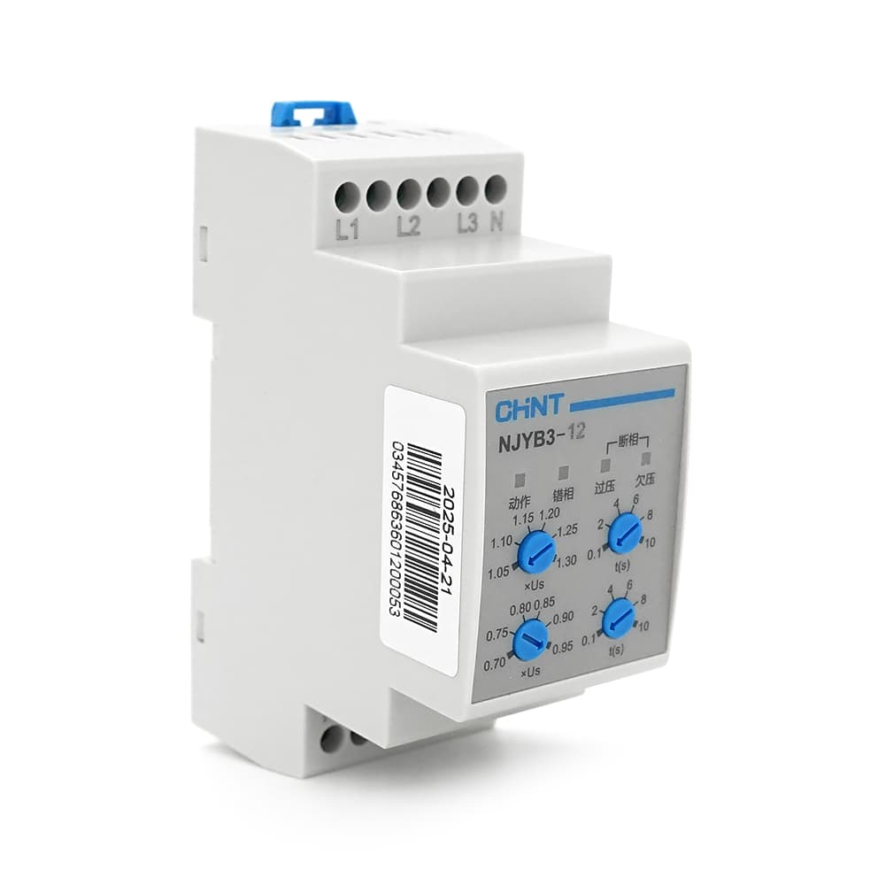 Реле контролю фаз CHINT NJYB3-12 AC220V, 3F4P, Захист U+(1,05~1,3)*Us/U-(0,7~0,95)*Us,Затримка 0,1~10с,Захист обриву/послідовності фаз, Ue240/415V, Ie0.75/0.47, 1CO+1NO