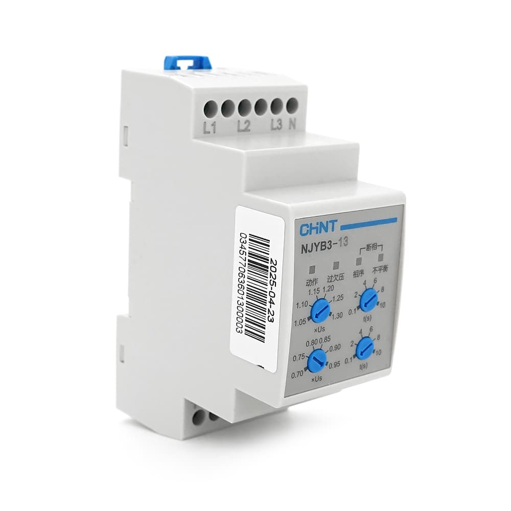 Реле контролю фаз CHINT NJYB3-13 AC220V, 3F4P, Захист U+(1,05~1,3)*Us/U-(0,7~0,95)*Us,Затримка 0,1~10с,Захист обриву/послідовності фаз/баланс20%, Ue240/415V, Ie0.75/0.47, 1CO+1NO