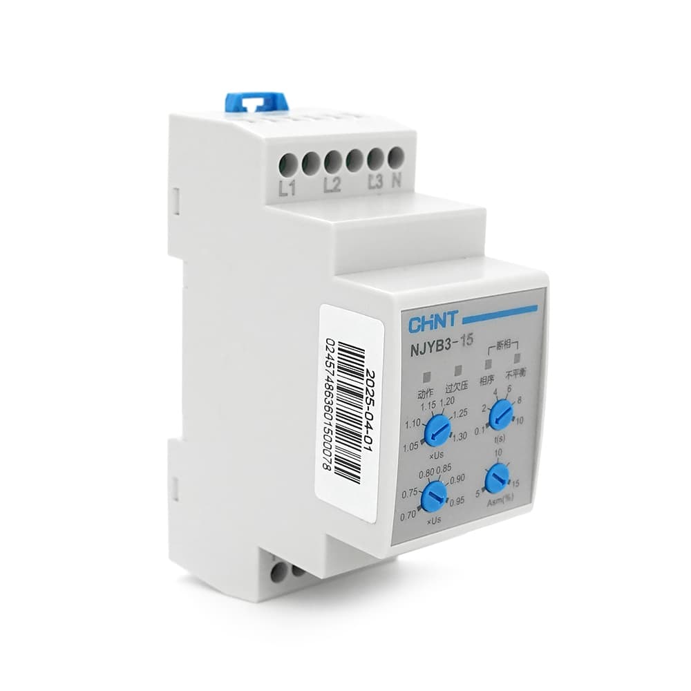 Реле контролю фаз CHINT NJYB3-15 AC220V, 3F4P, Захист U+(1,05~1,3)*Us/U-(0,7~0,95)*Us,Затримка 0,1~10с,Захист обриву/послідовності фаз/баланс5-15%,Ue2 Ie0.75/0.47, 1CO+1NO
