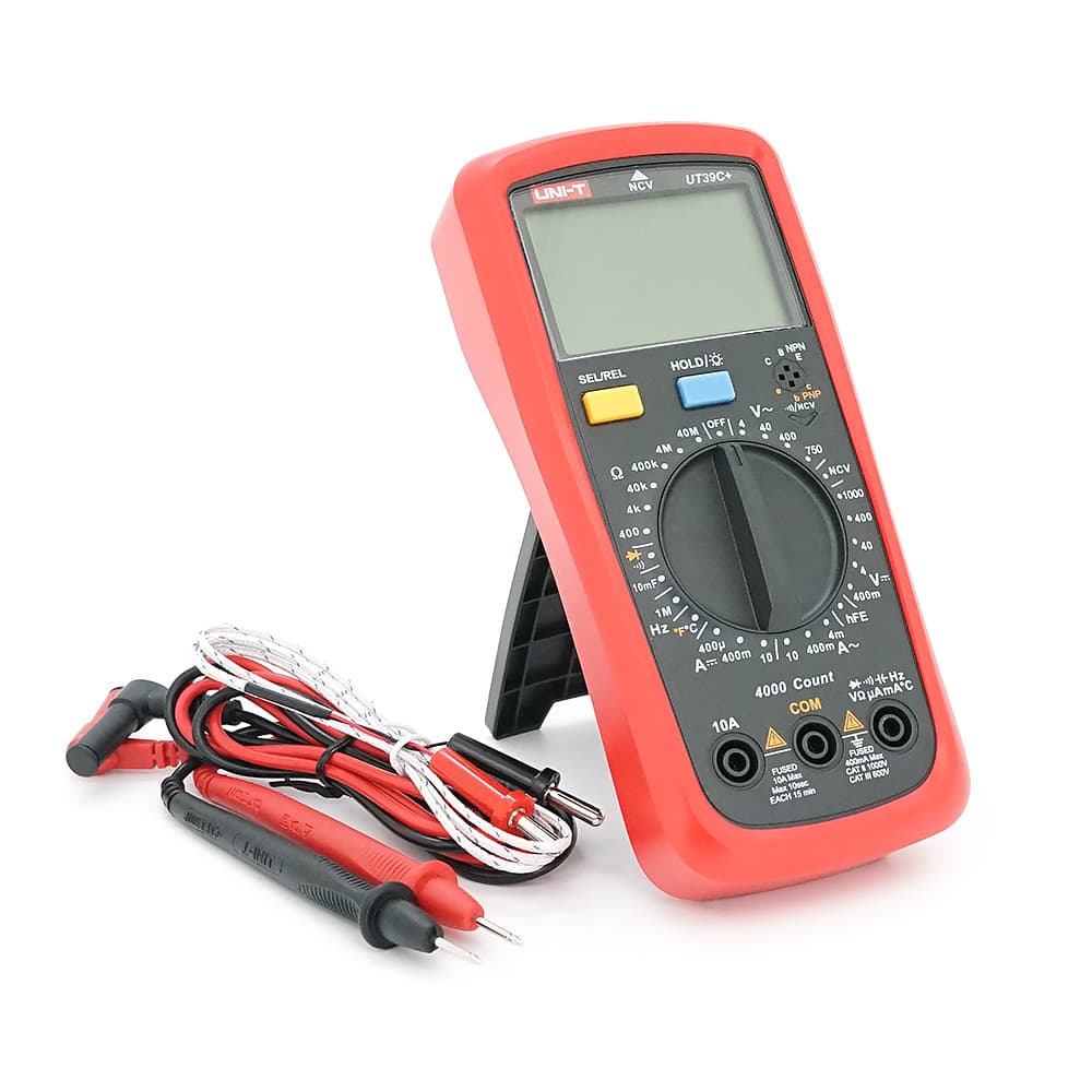 Мультиметр UNI-T UT39C+: вимірювання V~, V-, A~, A-, Ω, F, C, °C/°F, hFE. Функції NCV, продзвонювання, діоди, утрим. Габарити 175 83 53 мм. Вага 330