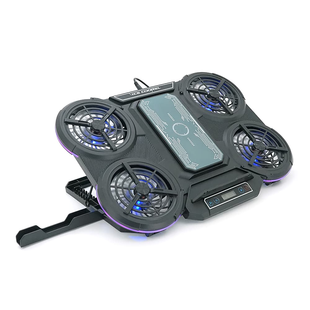 Підставка під ноутбук IceCoorel Q5, до17", fan2-100*15/2-80*15 мм, корпус пластик+алюміній, 2 USB-порти+LCD display, 410x285x35mm, RGB-10режимів, Box Q8