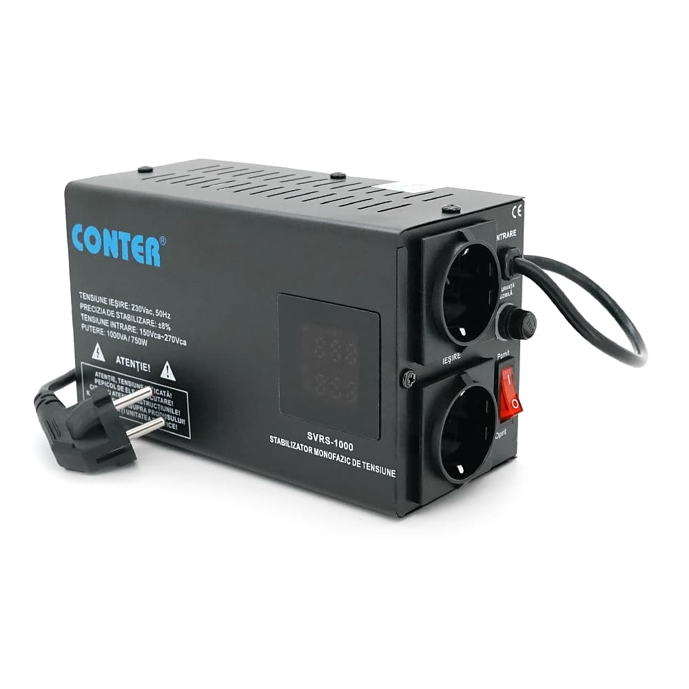 Стабілізатор напруги релейний Conter SVRS-1000VA/750W однофазний, напольного монтажу, LED дисплей, діапазон 150-270V, AC230±8%, 2Shuko, Q6