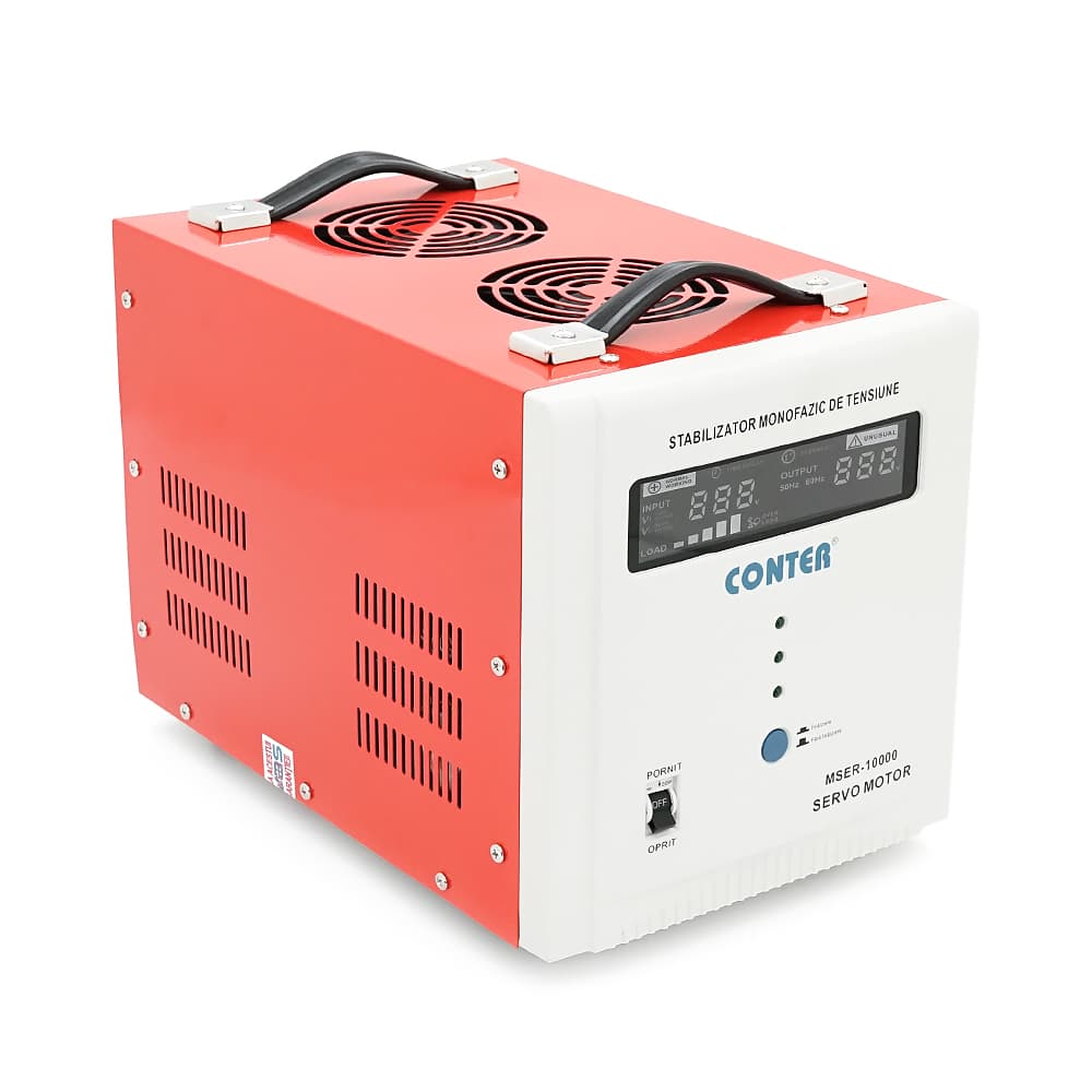 Стабілізатор напруги Conter MSER 10000 VA-V2/7500W однофазний, сервопривід, монтажу підлоги, LED дисплей, діапазон 130-260V, AC230±3%, клемна колодка, 220x335x230mm, 19.1kg