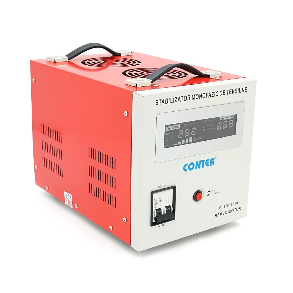 Стабілізатор напруги Conter MSER 15000 VA-V2/12000W однофазний, сервопривід, монтажу підлоги, LED дисплей, діапазон 130-260V, AC230±3%, клемна колодка, 220x335x230mm, 19.1kg