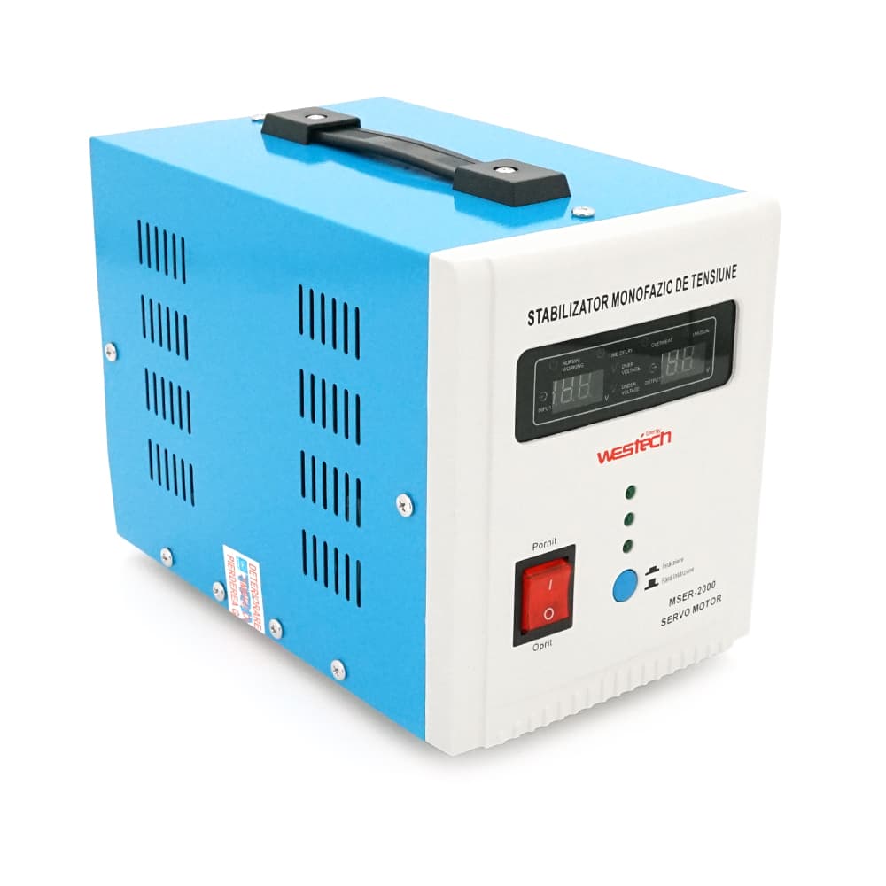 Стабілізатор напруги Westech MSER 2000 VA-V2/1600W однофазний, сервопривід, монтажу підлоги, LED дисплей, діапазон130-260V, AC230±3%, 2*Shuko, 146x237x170mm, 5.2kg, Q2