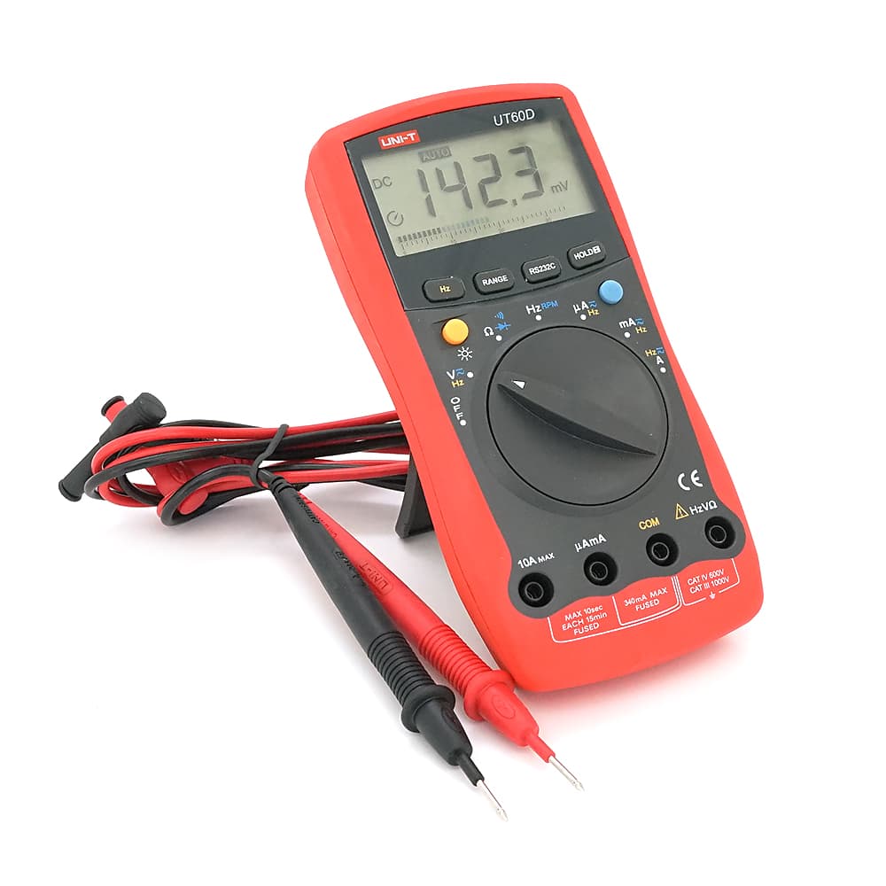 Мультиметр UNI-T UT60D(EU): вимірювання V~, V=, A~, A=, Ω, F, RPM. Функції продзвонювання, діоди, утримання, RS232, підсвічування. 185 87 50 мм. 0,380 кг