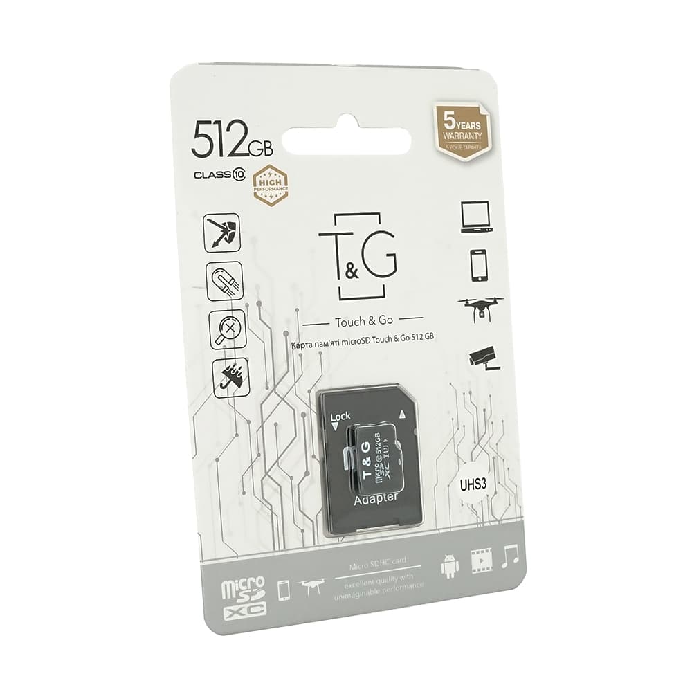 Карта пам'яті T&G microSDHC Class 10 UHS-3, з адаптером, 512GB, Blister